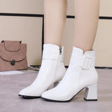 PU SHORT BARREL SQUARE HEEL ROUND HEAD BOOTS