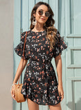 ROUND NECK FLORAL FLOUNCE DRESS