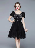 BLACK LACE EMBROIDERED BOW SHORT SLEEVE DRESS