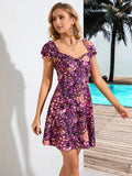 BOHEMIAN PRINTED LANTERN SLEEVE PLEATED DRESS