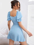 BLUE SQUARE COLLAR RETRO SOLID COLOR DRESS