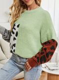 CONTRAST COLOR IMITATION MINK LEOPARD PRINT SWEATER