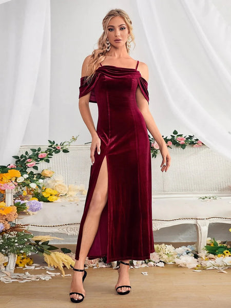 SPLIT VELVET OFF THE SHOULDER STRAPS DRESS