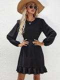 BLACK RUFFLED LONG-SLEEVED DRESS