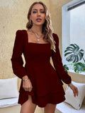SQUARE COLLAR LONG SLEEVE RUFFLED MINI DRESS