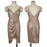 DEEP V-NECK SLING PLEATED SEQUINED DRESS