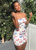 BUTTERFLY PRINT STRAPLESS WOMEN PARTY DRESS