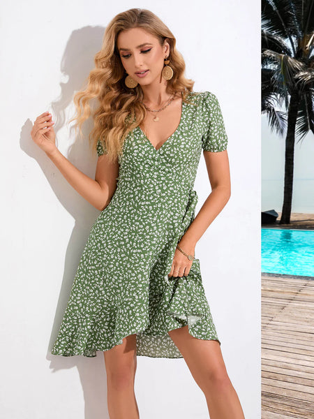 BOHEMIAN FLORAL V-NECK SHORT SLEEVE DRESS