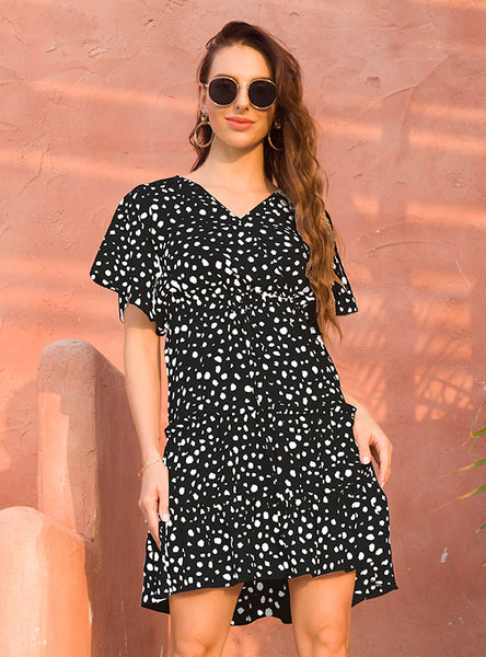 V-NECK PRINT SHORT SLEEVE DRESS
