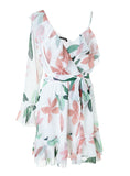 V Neck Print Bohemian Beach Dress Irregular Ruffles Summer Dress 