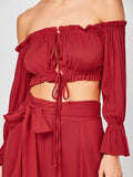 Cropped Off The Shoulder Top and Belted Slit A-Line Skirt
