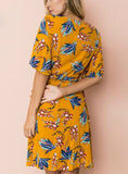 Yellow Print Wrap Dress Flare Short Sleeve Floral