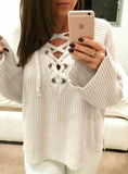 Women Loose Knit Sweater With Chest Lace Up Sweater
