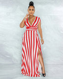 Split Front Maxi Dress Women Short Sleeve V Neck Beach Dress
