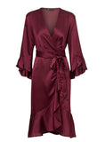 Women Satin Solid Dress Ruffle Flare Sleeve Sash Wrap