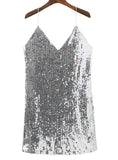 Deep V Neck Autumn Silver Sequined Backless Sexy Dress Women Off Shoulder Mini Dress