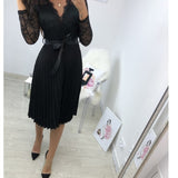 Long Sleeve Casual Women Lace Pleated Black Ribbon Hollow Chiffon Midi Dress