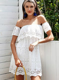 Off Shoulder White Lace Dress Women Hollow Out 