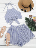 Halter Striped Two Piece Suit