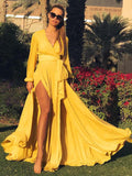 Elegant V-neck Long Sleeves Solid Color Belted Maxi Evening Dress