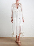 White Romantic V-neck Long Sleeves Maxi Dresses
