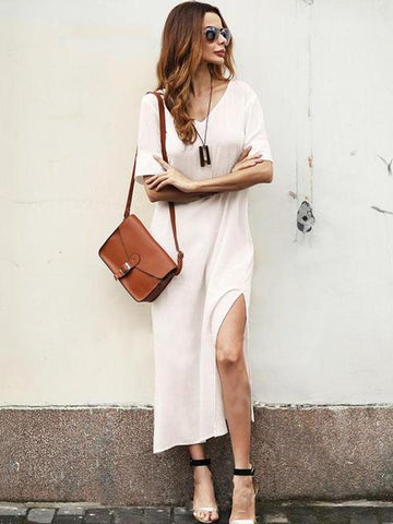 White Simple Split-side V-neck Midi Dress
