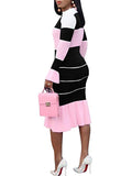 Women Long Sleeve Bodycon Sweater Dresses 2 Piece Color Block Ruffle Knit Midi Dress