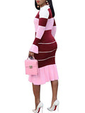 Women Long Sleeve Bodycon Sweater Dresses 2 Piece Color Block Ruffle Knit Midi Dress