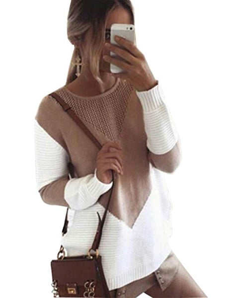 Women Long Sleeve Crew Neck Pullovers Stitching Color Loose Knitted Sweaters
