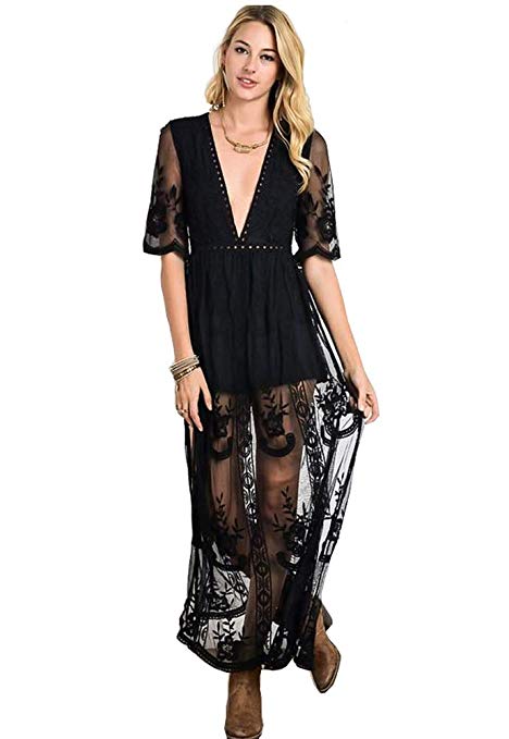 Women's Deep V-Neck Lace Romper Short Sleeve Long Dress – Ncocon