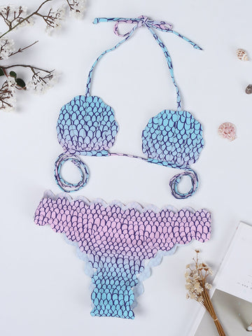 Shell Wave Halter String Printed Backless Bikinis Swimsuits