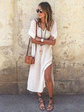 White Simple Split-side V-neck Midi Dress