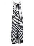 White and Black Asymmetric Striped Halterneck Maxi Dress