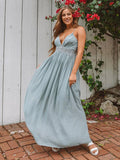 Blue Bohemia Lace Backless V-neck Waist Maxi Dress