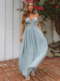Blue Bohemia Lace Backless V-neck Waist Maxi Dress