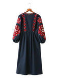 Women Vintage Floral Embroidery Dress Drawstring Tie Tassels Long Sleeve