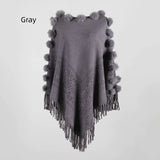 FRINGED FUR BALL ROUND COLLAR PULLOVER CAPE SHAWL