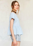 SLEEVE LADY TOPS COTTON SOLID BLUE/PINK