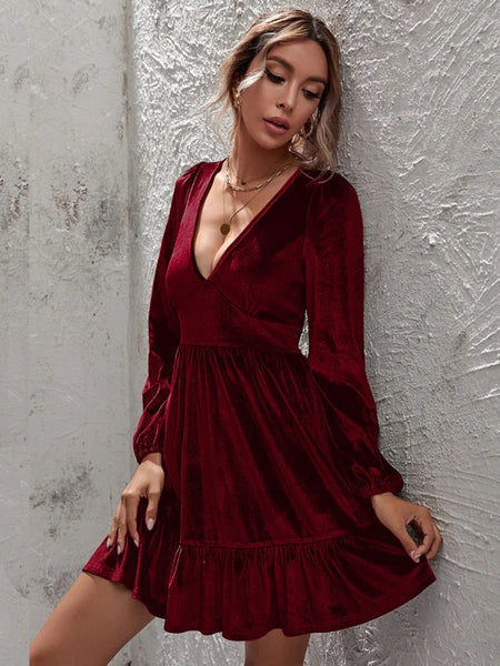DEEP V-NECK PUFF SLEEVE VELVET RUFFLED DRESS
