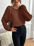 STITCHING LACE SOLID COLOR V-NECK KNITTED SWEATER