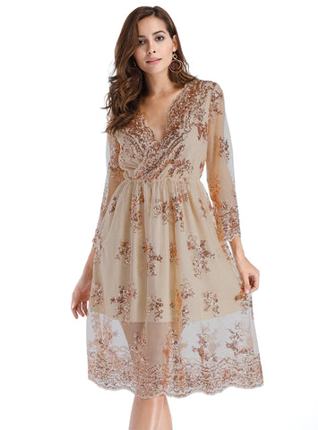 SEXY LONG SLEEVE V-NECK SEQUINED DRESS