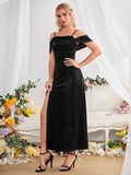 SPLIT VELVET OFF THE SHOULDER STRAPS DRESS