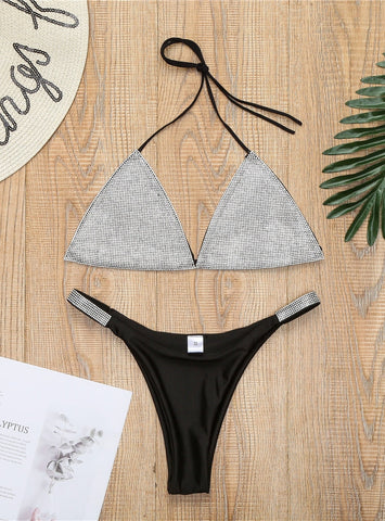 SOLID COLOR DIAMOND RHINESTONE SPLIT SWIMSUIT