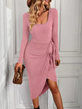 SQUARE NECK KNITTED LONG SLEEVE DRESS