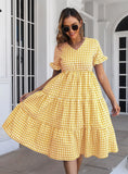 PLAID V-NECK SHORT SLEEVE DRESS