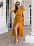 RUFFLED V-NECK SLEEVELESS SPLIT DRESS