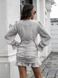 PLEATED V-NECK FLOUNCE PRINTED CHIFFON DRESS