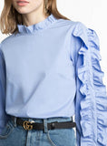 CASUAL RUFFLES FULL SLEEVE SOLID BLUE TOPS PREPPY