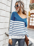 V-NECK STRIPED COLOR MATCHING SWEATER