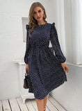ROUND NECK LONG SLEEVE POLKA DOT DRESS
